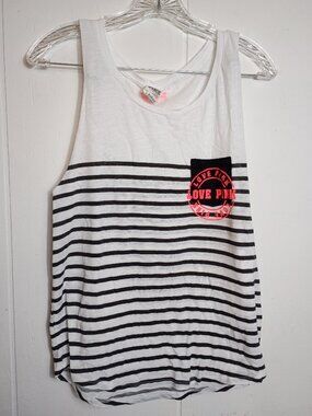 Love Pink White Black Striped Tank Hot Pink Logo Womens Small Beach Summer Top